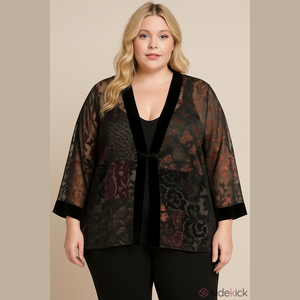 Chicos Velvet Burnout Silk Blend Kimono Topper Sz 3 (XL) Gothic Chic Oriental